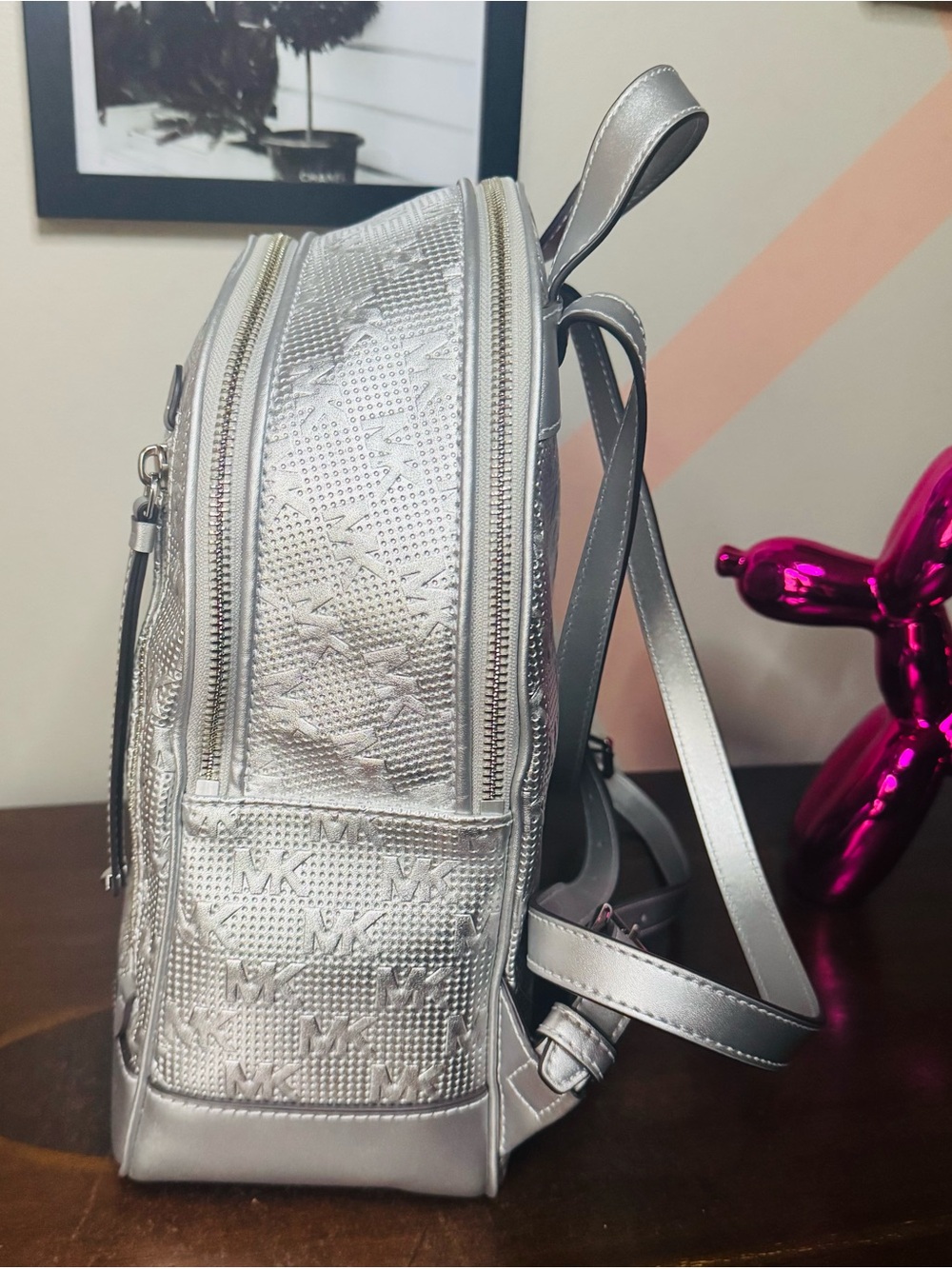 Michael Kors Metallic Silver MK Embossed Logo Backpack - Picture 4 of 9